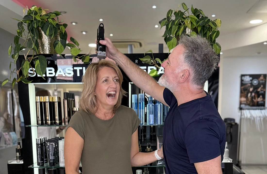Debbie and Sean prepare for the charity shave - cropped
